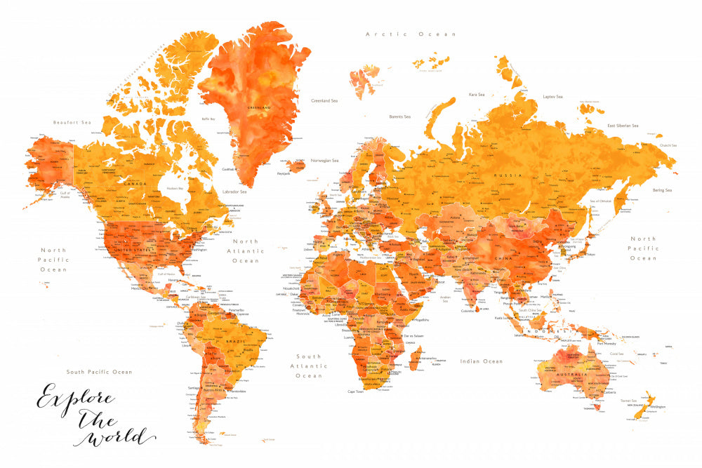 Orange Watercolor World Map | Canvas
