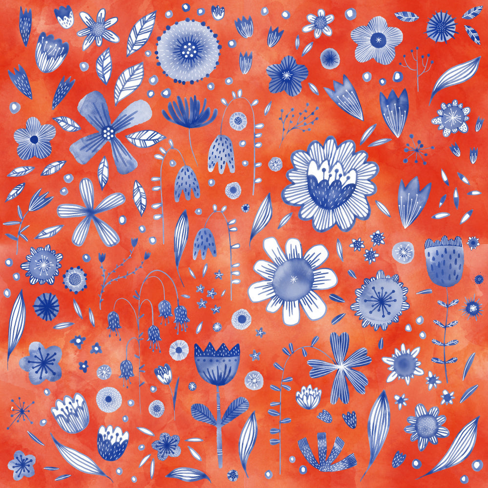 Whimsical Blue Orange Flowers | Canvas