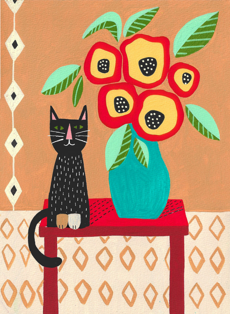 Whimsical Cat Floral Still Life | Poster