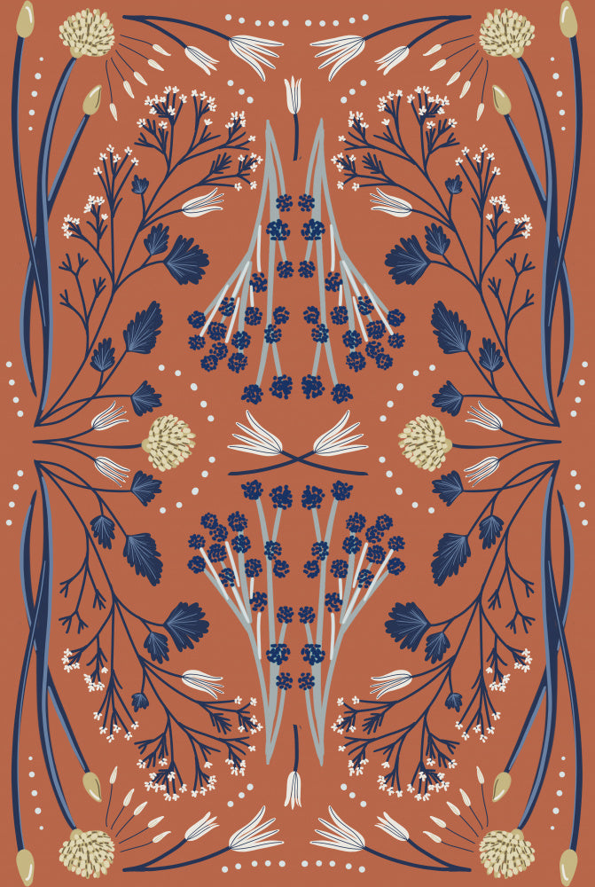 Folk Mirrored Botanics - Blue and Dusty Red | Canvas