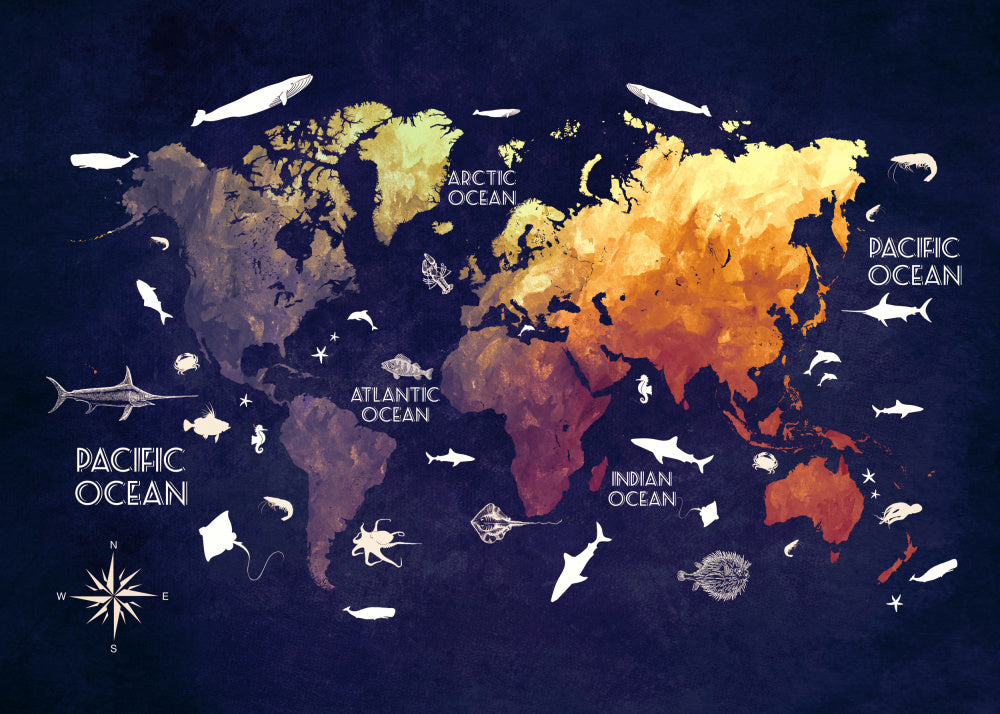 Vibrant World Oceans Map | Canvas
