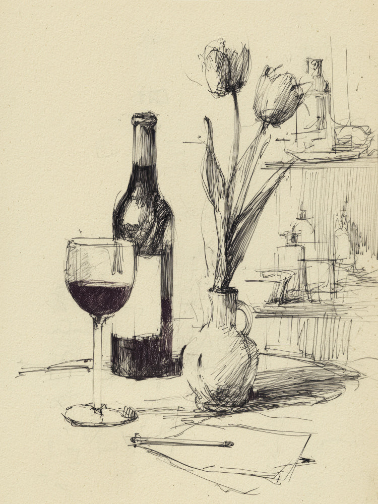 Wine and Tulips Sketch | Canvas