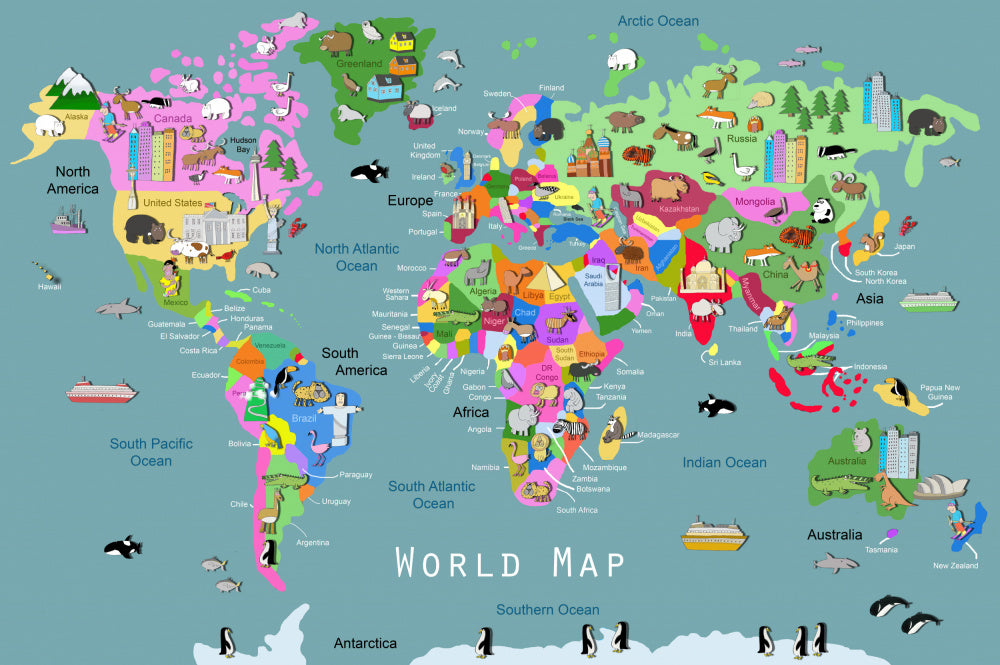 Playful Animal World Map | Canvas