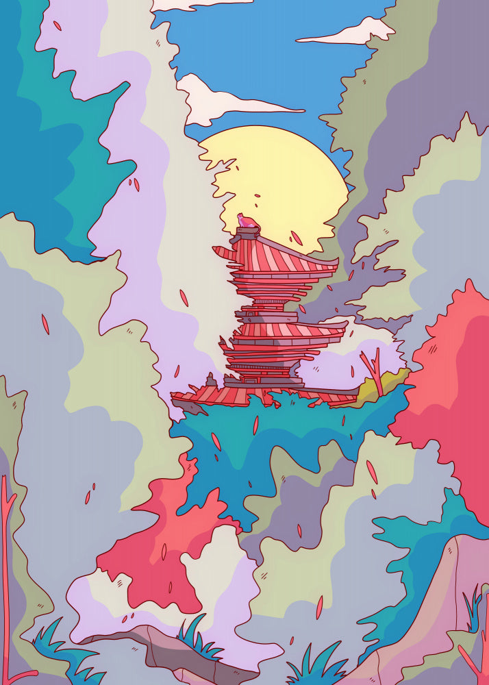 Moonlit Fantasy Pagoda | Canvas