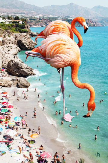 Surreal Beach Flamingos | Poster
