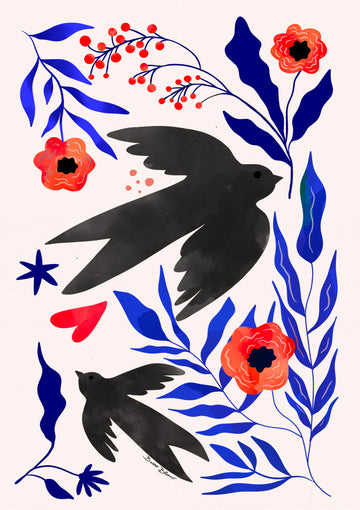 Black Swallows Blue Botanicals | Poster