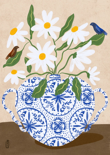 Daisies In Blue Teapot | Poster