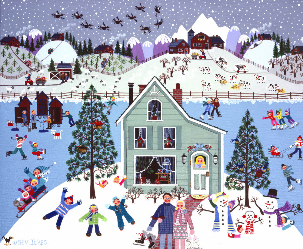 Joyful Winter Village Scene | Canvas