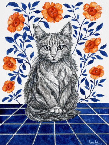Whimsical Cat Blue Tiles | Canvas