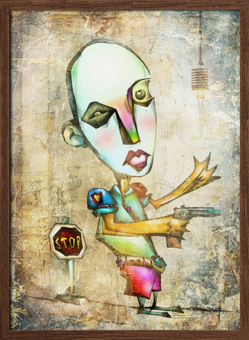 Surreal Stop Sign Figure | Poster - Walnut Frame Interior