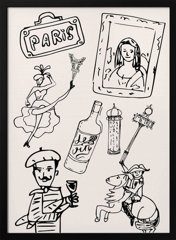 Parisian Icons Illustration | Poster - Black Metal Frame Interior