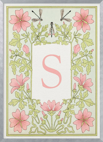 Pink Floral Monogram S | Poster - Silver Frame Interior