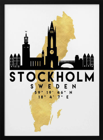 Stockholm Gold Map Skyline | Poster - Black Metal Frame Interior