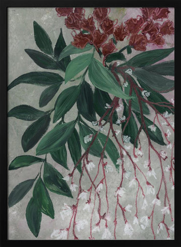 Green Leaves White Blooms | Poster - Black Metal Frame Interior