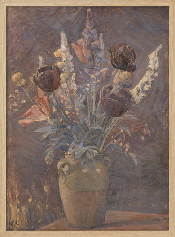 Clay Vase With Tulips and Other Flowers By Karl Schou | Poster - Wood Frame Interior