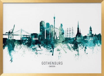 Gothenburg Watercolor Skyline | Poster - Gold Frame Interior