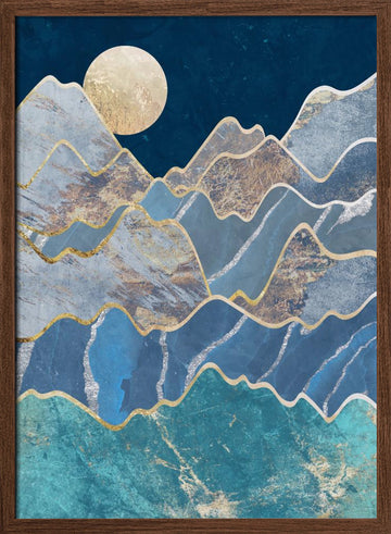 Golden Moon Mountains | Poster - Walnut Frame Interior