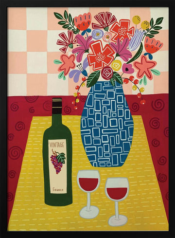 Vibrant Wine and Flowers | Poster - Black Metal Frame Interior