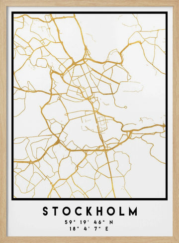 Golden Stockholm Map | Poster - Wood Frame Interior