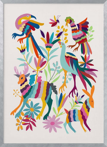 Colorful Folk Art Animals | Poster - Silver Frame Interior