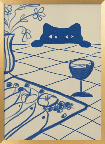 Curious Blue Cat Dinner | Poster - Gold Frame Interior