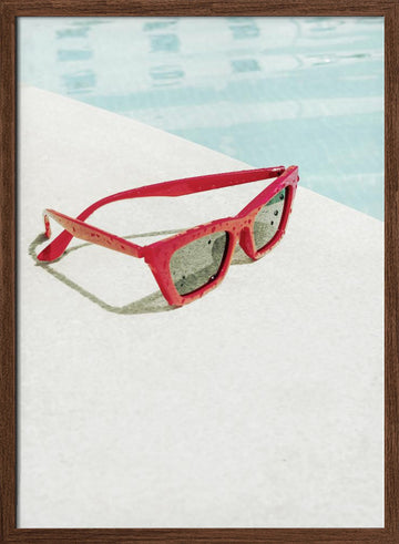 Red Poolside Sunglasses | Poster - Walnut Frame Interior