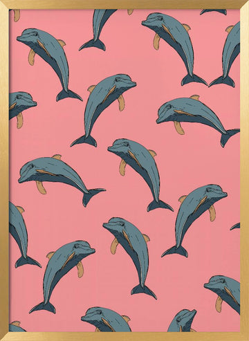 Playful Pink Dolphins | Poster - Gold Frame Interior