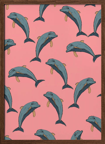 Playful Pink Dolphins | Poster - Walnut Frame Interior