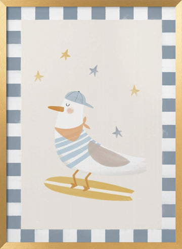 Happy Surfing Seagull | Poster - Gold Frame Interior