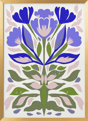 Blue Floral Folk Art | Poster - Gold Frame Interior