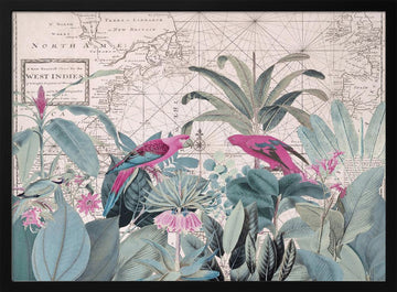 Tropical Map Parrots | Poster - Black Metal Frame Interior