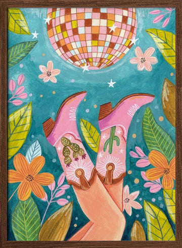 Cowboy boots and disco ball | Poster - Walnut Frame Interior