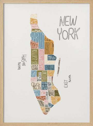 Colorful Manhattan Neighborhoods Map | Poster - Wood Frame Interior