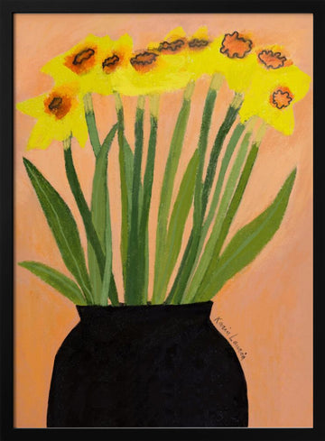 Yellow Daffodils Black Vase | Poster - Black Metal Frame Interior