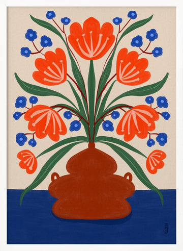 Vibrant Floral Terracotta Vase | Poster - White Frame Interior