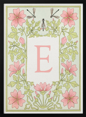 Pink Floral Letter E | Poster - Black Metal Frame Interior