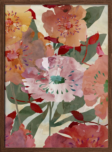 Colorful Watercolor Blooms | Poster - Walnut Frame Interior