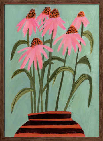 Pink Coneflowers in Vase | Poster - Walnut Frame Interior