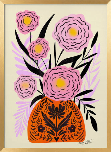 Vibrant Folk Floral Vase | Poster - Gold Frame Interior