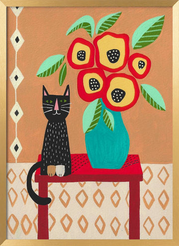 Whimsical Cat Floral Still Life | Poster - Gold Frame Interior