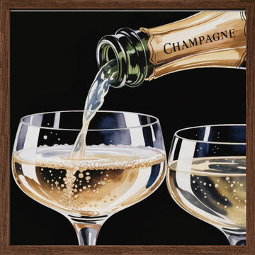 Golden Champagne Pour | Poster - Walnut Frame Interior