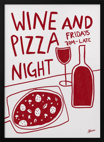 Wine and Pizza | Poster - Black Metal Frame Interior