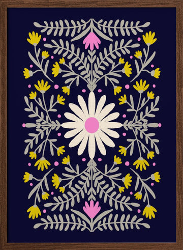 Folk Art Daisy Pattern | Poster - Walnut Frame Interior