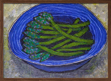 Green Asparagus In Blue Bowl | Poster - Walnut Frame Interior