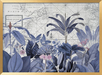 Blue Tropical Map | Poster - Gold Frame Interior
