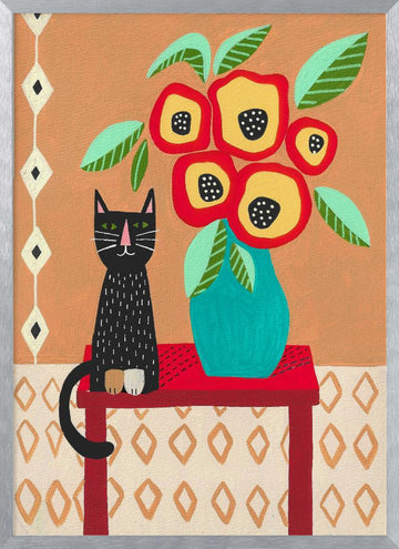 Whimsical Cat Floral Still Life | Poster - Silver Frame Interior
