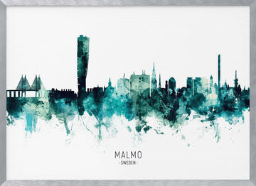 Malmo Watercolor Skyline | Poster - Silver Frame Interior