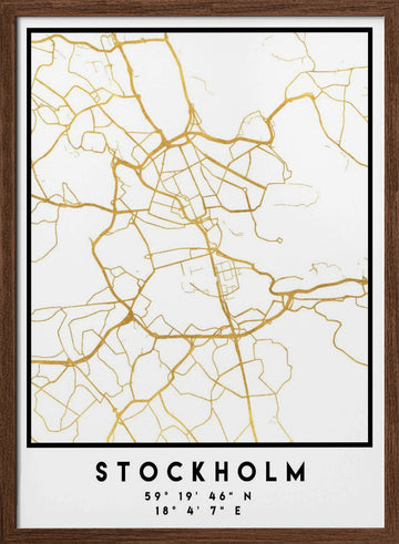 Golden Stockholm Map | Poster - Walnut Frame Interior
