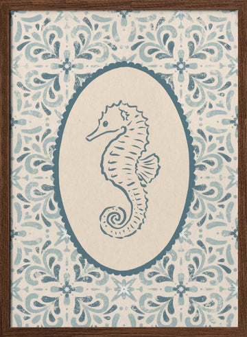 Coastal Seahorse Medallion | Poster - Walnut Frame Interior