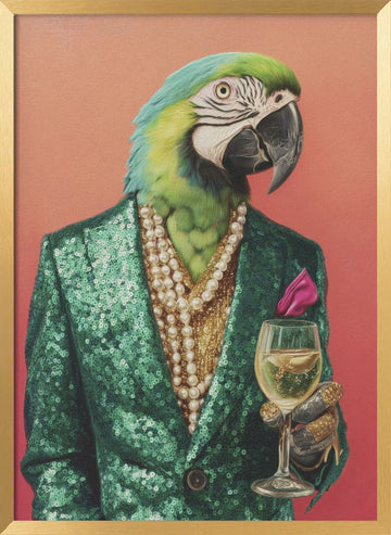 Dapper Parrot with Wine | Poster - Gold Frame Interior